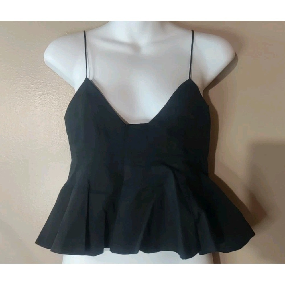 Zara‎ Black Chic Cotton Spaghetti Strap Back Zip Pleated Hem Flirty Top Size S